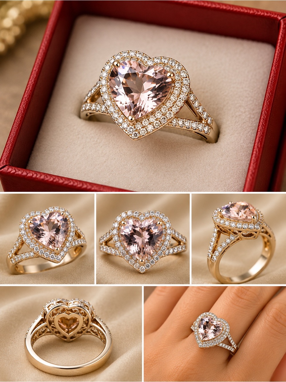 Heart Halo Morganite Ring in Rose Gold - Elegant Women’s Jewelry